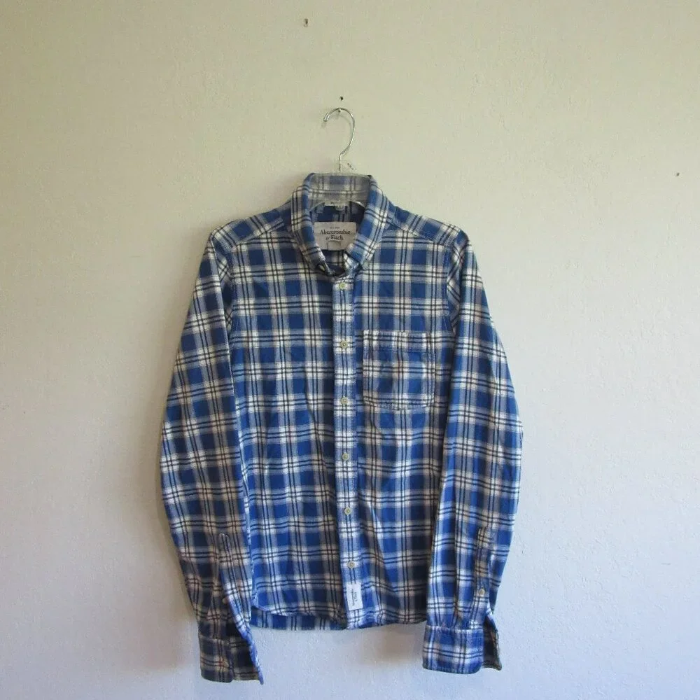 Abercrombie & Fitch Muscle Blue Plaid Flannel M Button Casual Shirt - Picture 1 of 4